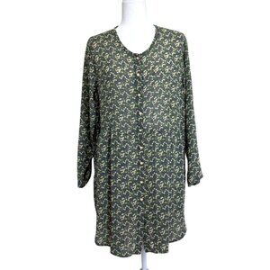 Flax Jeanne Engelhart Tunic Dress Green Floral Button-Up Sheer Lagenlook Size S